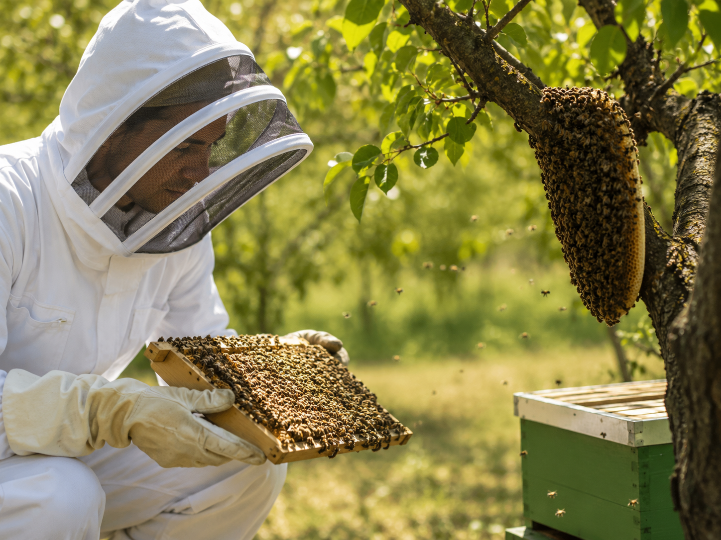 Apicultor trabajando con abejas y priorizando el rescate