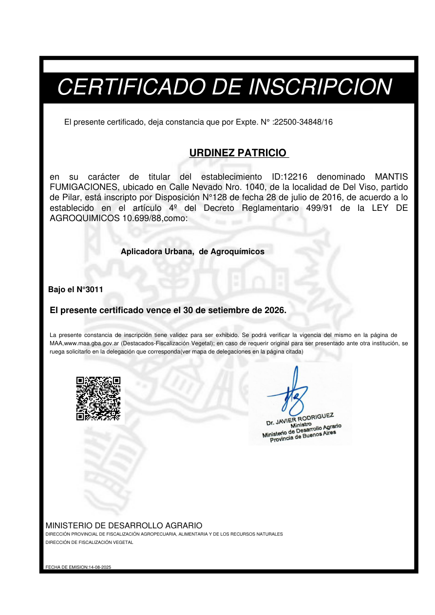 Certificado de inscripción de Mantis Fumigaciones