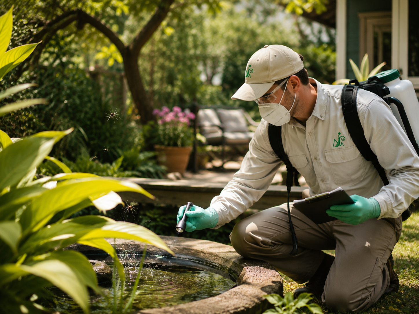Inspección de criaderos de mosquitos en jardín